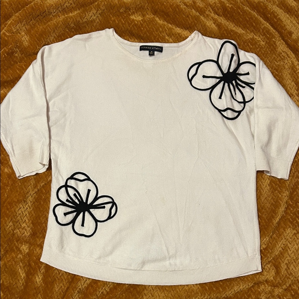 Adrienne Vittadini White Tee with Black Floral Design